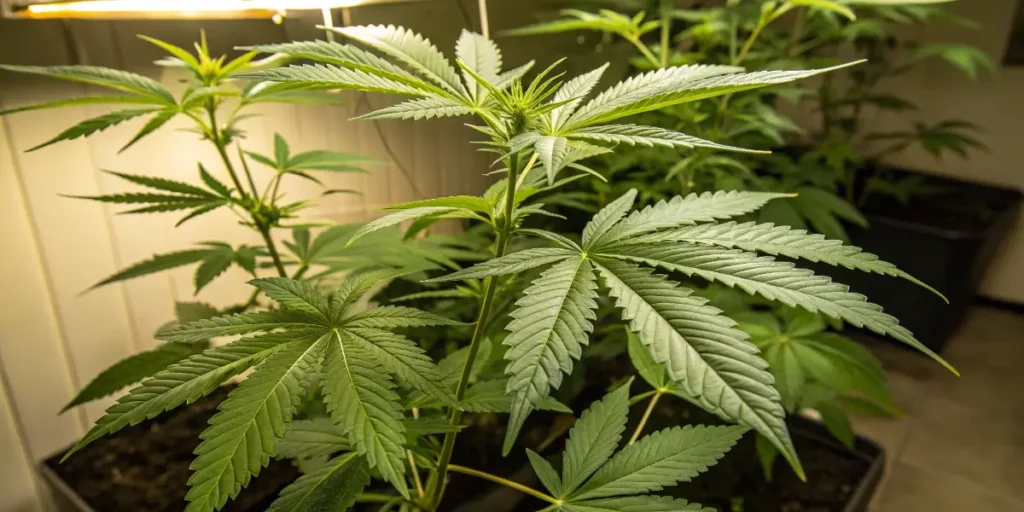 young cannabis plants growing indoors under LED grow lights