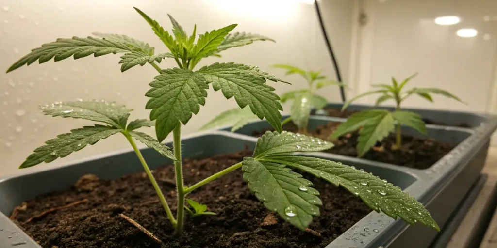 young cannabis seedlings growing in trays with water droplets on leaves