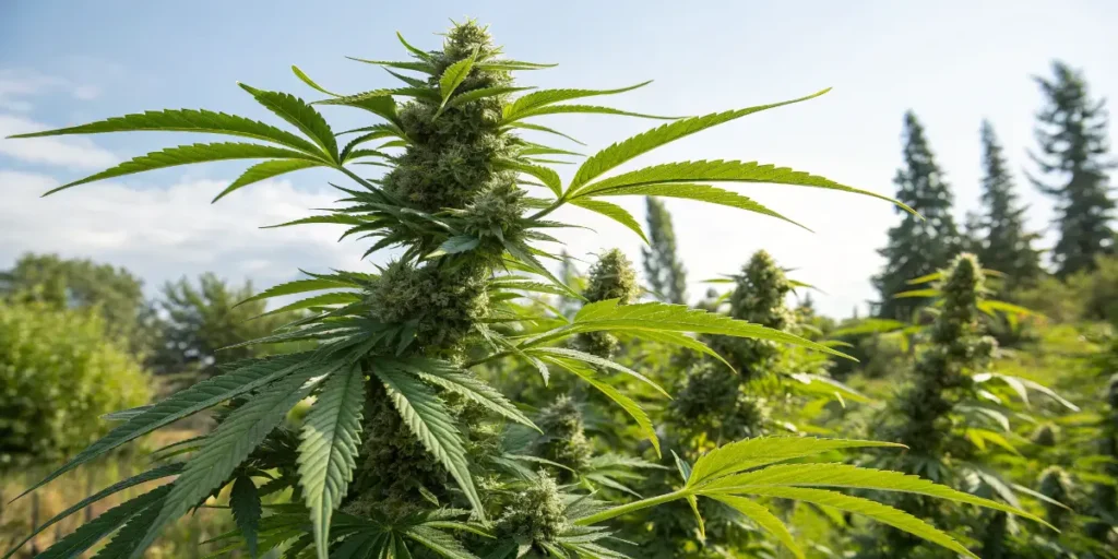 Mint cannabis plant flowering outdoors in sunny field