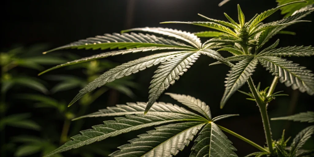 Cannabis leaf sample used for PCR genetic testing under controlled lighting